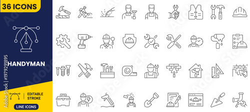 A comprehensive collection of handyman and construction icons, featuring tools, equipment, and professional services for various trades and projects