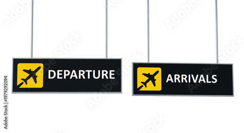 Airport signs indicating departure and arrivals, with airplane icons on black and yellow backgrounds, symbolizing travel and transit