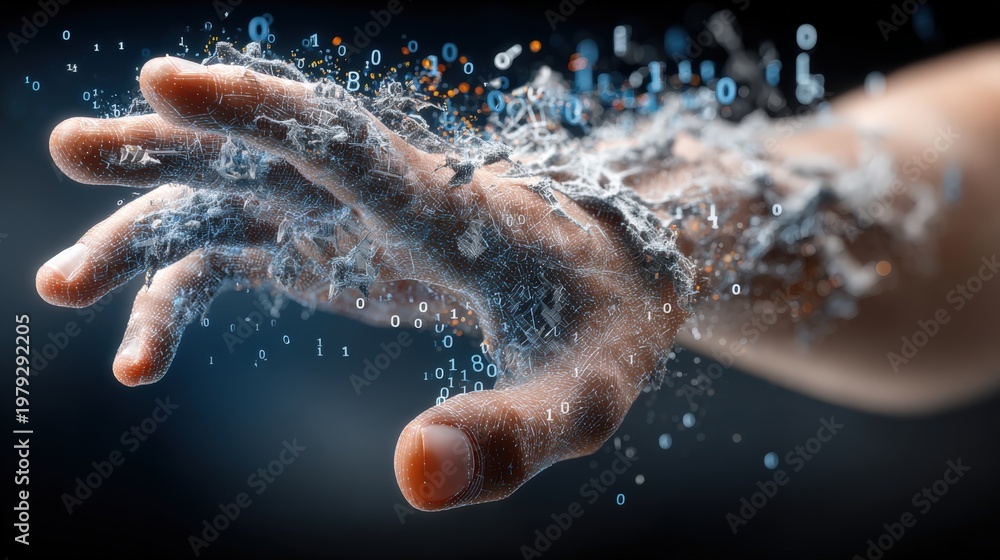 Fototapeta premium A digitally-rendered hand dissolves into particles, symbolizing the transition of human interaction with digital information. ..Created with Generative AI, not depicting real subjects.