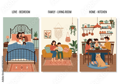 Happy Family Daily Life Illustration Set: Cozy Scenes in Bedroom, Living Room, and Kitchen with Parents, Children, and Pet Dog