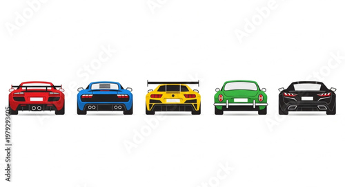 Collection of five colorful sports cars in a row viewed from the back.