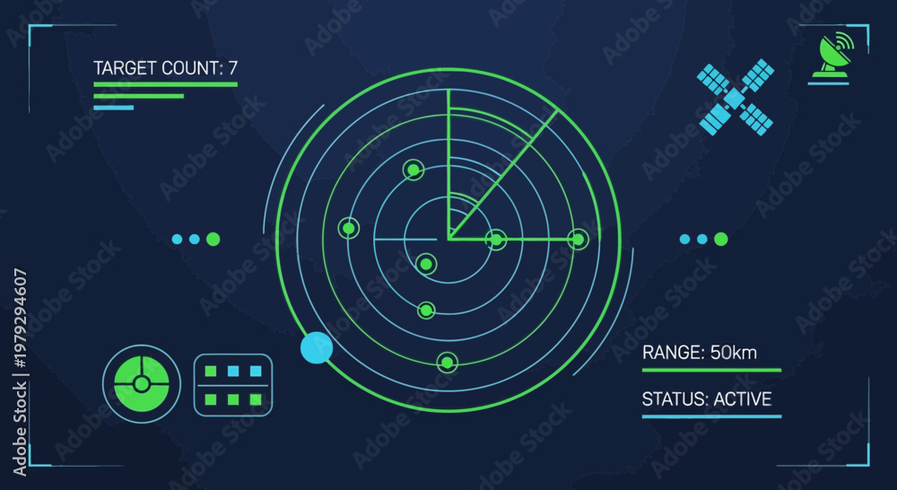 Obraz premium Digital Radar Screen HUD Interface Illustration with Target Detection and Satellite Data