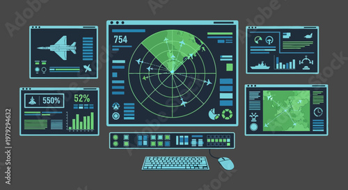 Modern Military Radar Dashboard with Futuristic Digital Interface and Air Sea Surveillance System
