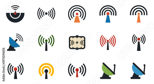 Modern Radar and Wireless Signal Icon Set with Satellite Antenna and Digital Communication Symbols