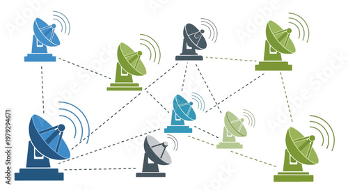 Connected Satellite Antenna Network Illustration for Global Communication System and Digital Data Transmission