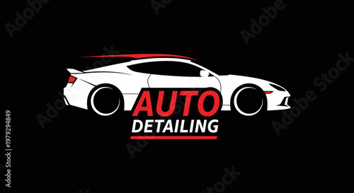Sleek white sports car with AUTO DETAILING text, perfect for automotive businesses.