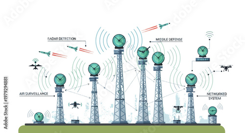 Modern Air Defense Radar System Illustration with Missile Detection, Air Surveillance, and Networked Communication Towers.
