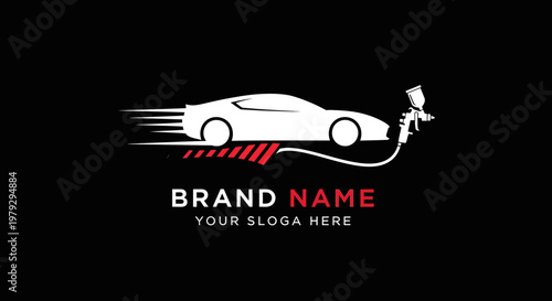 Sleek white sports car with speed lines and paint spray gun logo design.