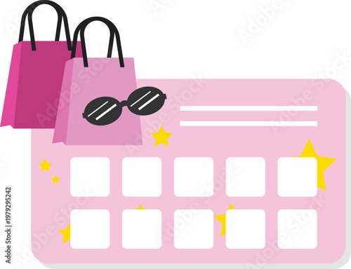 Vector illustration of a shopping loyalty card concept featuring stylish shopping bags and sunglasses. The design represents retail rewards, membership programs, discounts, and customer loyalty.