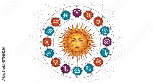 Zodiac Wheel with Sun and Astrological Symbols.