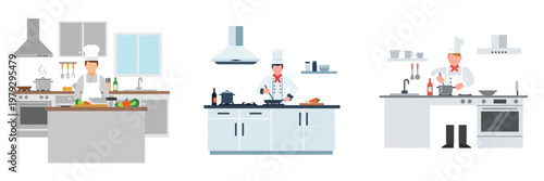 Culinary professionals preparing meals in a modern kitchen, showcasing cooking techniques and fresh ingredients