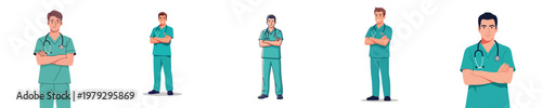 Set of five medical professionals in uniform, standing with arms crossed, representing healthcare workers and medical staff