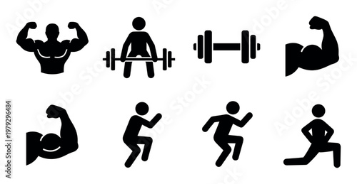 Fitness exercise gym strength training workout icons set featuring various athletic activities and equipment for health and wellness concepts.