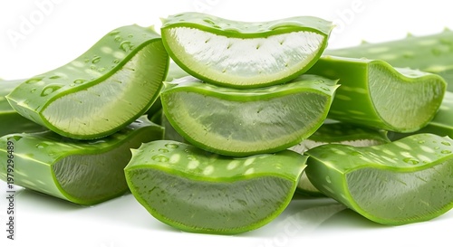 A close up view showcases several segments of a vibrant green aloe vera plant revealing its translucent gel filled interior high-quality professional detailed modern elegant