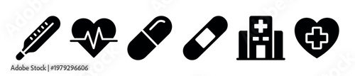 Health and medical icons set representing various aspects of care, treatment, and well-being, essential for healthcare and wellness concepts.