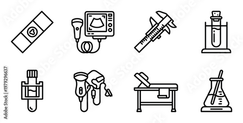 Medical and scientific equipment icons collection represents various tools and instruments used in healthcare, laboratories, and research for diagnosis and experimentation.