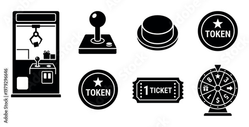 Arcade game elements and prize icons collection featuring a claw machine, joystick, tokens, ticket, and a spinning wheel of fortune.