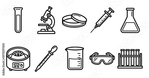 Laboratory equipment icons set featuring essential tools like a microscope, test tubes, beaker, syringe, and petri dishes for scientific research and medical studies.