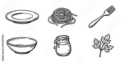 Various cooking ingredients and kitchen utensils illustrations in a hand-drawn doodle style, perfect for culinary and recipe designs.