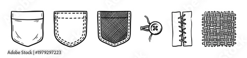 Clothing elements and sewing details are depicted in a hand-drawn doodle style, showcasing various textile components and design features.