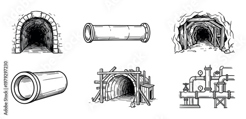 Underground tunnels and pipes, hand drawn sketch collection featuring various industrial, mining, and sewage system elements in a vintage style.