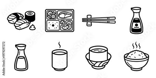 Japanese food and dining elements vector illustration set featuring various traditional dishes and utensils in a clean line art style.