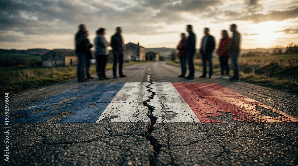 Fototapeta premium A group of people standing on a road with a french flag painted on it