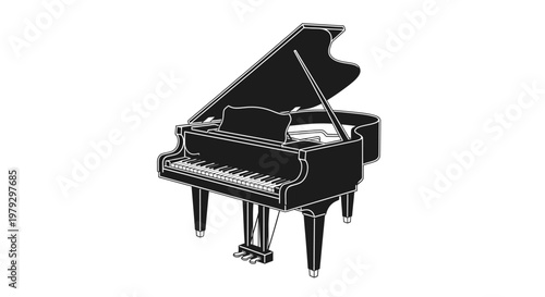 Elegant black grand piano silhouette isolated on white background
