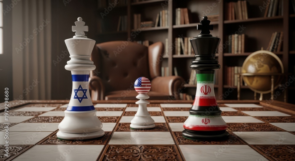 Obraz premium Overhead view of chess pieces representing Israel and Iran on a chessboard with USA pawn, symbolizing geopolitics and diplomacy in a study room