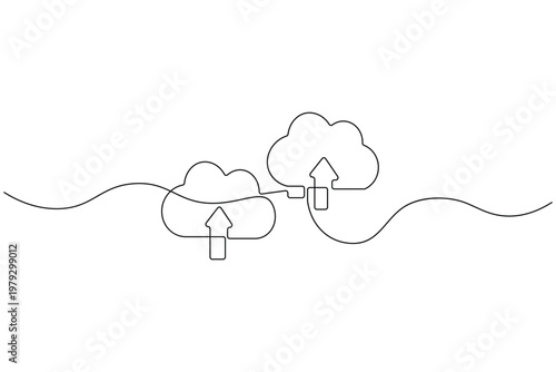 Cloud upload continuous one line drawing minimalist icon for data storage
