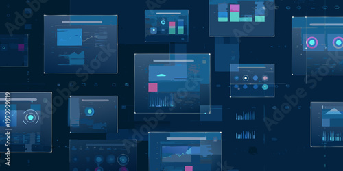Abstract digital interface with multiple data visualizations and glowing screens