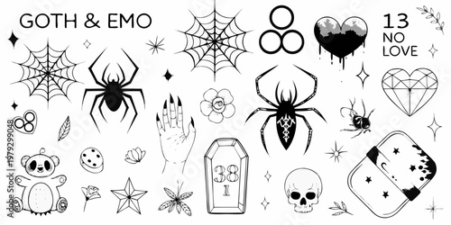 A collection of goth and emo inspired temporary tattoo designs and illustrations