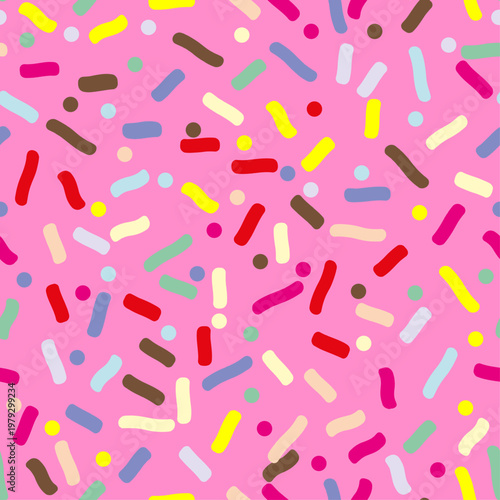 Multicolored sprinkles on pink icing seamless vector pattern. A fun print for holidays and bakeries. Cute abstract donut icing endless background