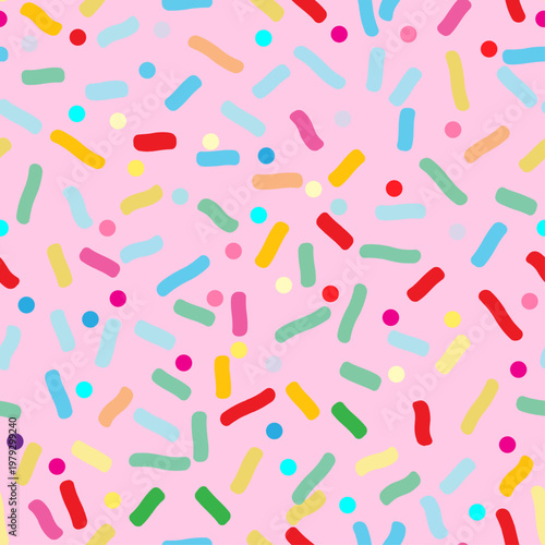 Multicolored sprinkles on pink icing seamless vector pattern. A fun print for holidays and bakeries. Cute abstract donut icing endless background.