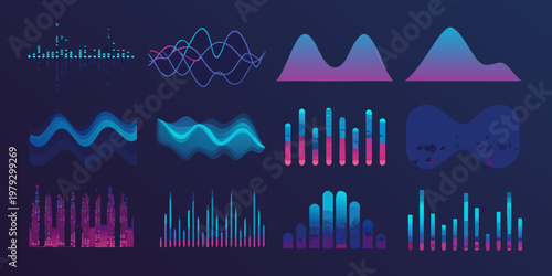 Abstract data visualizations with colorful waveforms and statistical graphs