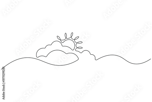 Sun cloud continuous one line drawing minimalist landscape icon design
