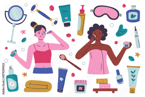 Skincare set with flat cartoon female characters, face serum and cream, diverse girls with beauty products. Jars, tubes, gua sha, jade roller, sleep mask. Vector illustration for skin care routine