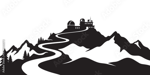Mountain landscape with observatory station vector illustration and winding road through pine forest.
