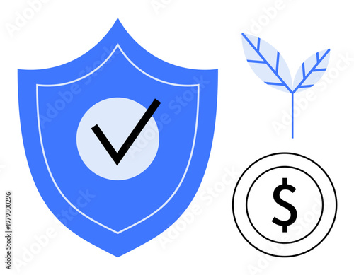 Financial planning, eco-friendly practices, investment security, sustainable economy, money protection, risk management. Blue shield with checkmark, dollar symbol and leaf. Financial planning