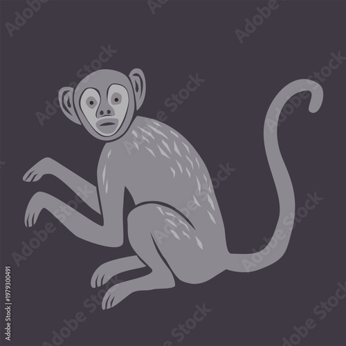 Linocut style monkey sitting on the ground, block print aesthetics.