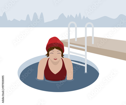 Cold Water Swimming Woman in Ice Bath Outdoor Pool – Winter Wellness and Recovery Concept