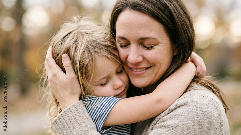 Fototapeta premium Mother Hugging Child Outdoors, Emotional Family Love and Care Moment, Mothers Day