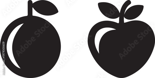 Black and white illustration of a plum and an apple with leaves