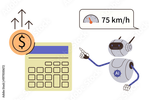 Financial analytics, technological innovation, AI applications, automation, data-driven solutions, futuristic tools. A robot points at a speedometer and financial chart. Financial analytics