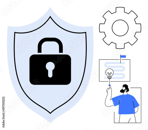 Cybersecurity, data protection, technology innovation, privacy management, secure systems, identity verification, secure communication. Shield and lock icon with a gear and person presenting ideas