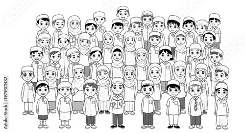 Group of diverse people standing together in a crowd, smiling.