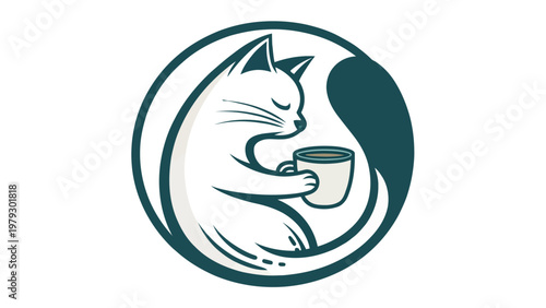 A cute cat holding a coffee cup in a circular logo design
