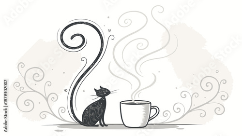 A black cat sitting next to a steaming cup of coffee