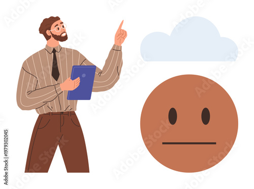 Mental health, emotional well-being, counseling, therapy, depression, communication. A man gesturing toward a neutral face and a cloud. Mental health and emotional well-being concepts