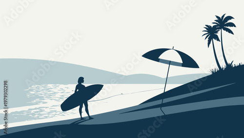 A surfer stands on a beach with a surfboard and umbrella by the ocean